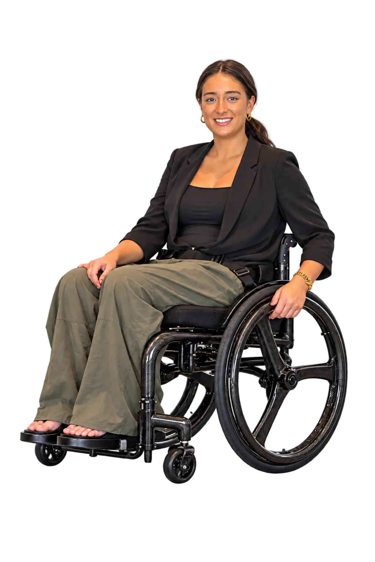 Client in a custom i3D Mobility wheelchair outdoors
