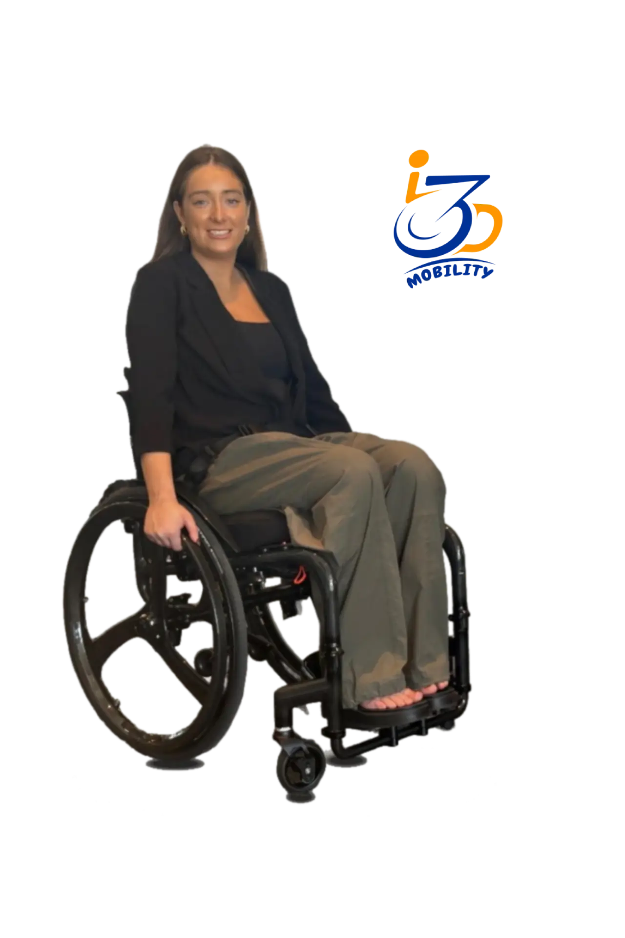 Client in a custom i3D Mobility wheelchair outdoors